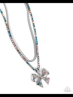 Cheerful Coquette Paparazzi Silver-Tone Multicolor Crystal Bow Pendant Necklace